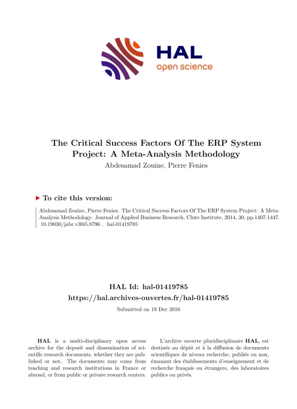 Critical Success Factors in ERP System Projects: A Meta-Analysis Approach