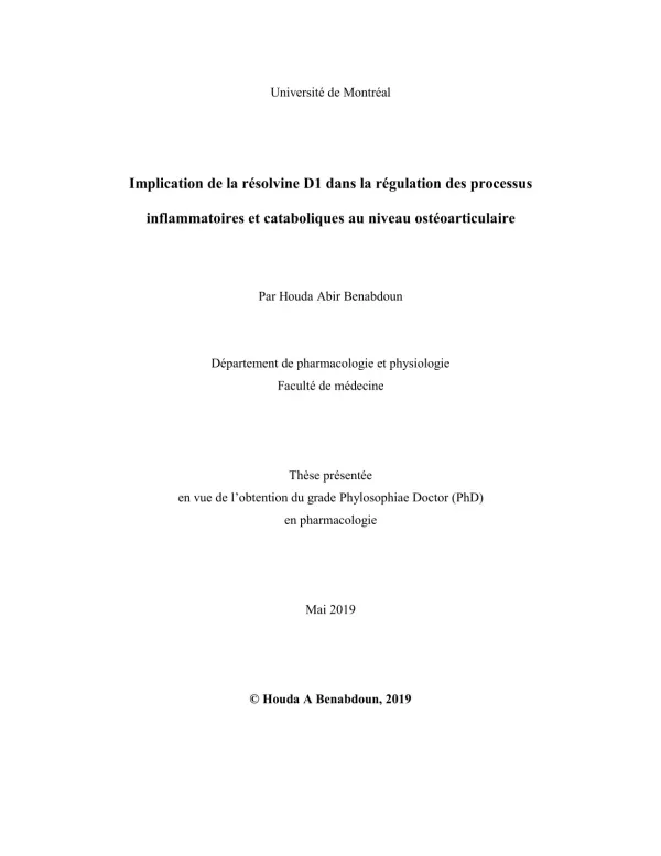 Implication de la résolvine D1 dans la régulation des processus inflammatoires et cataboliques au niveau ostéoarticulaire