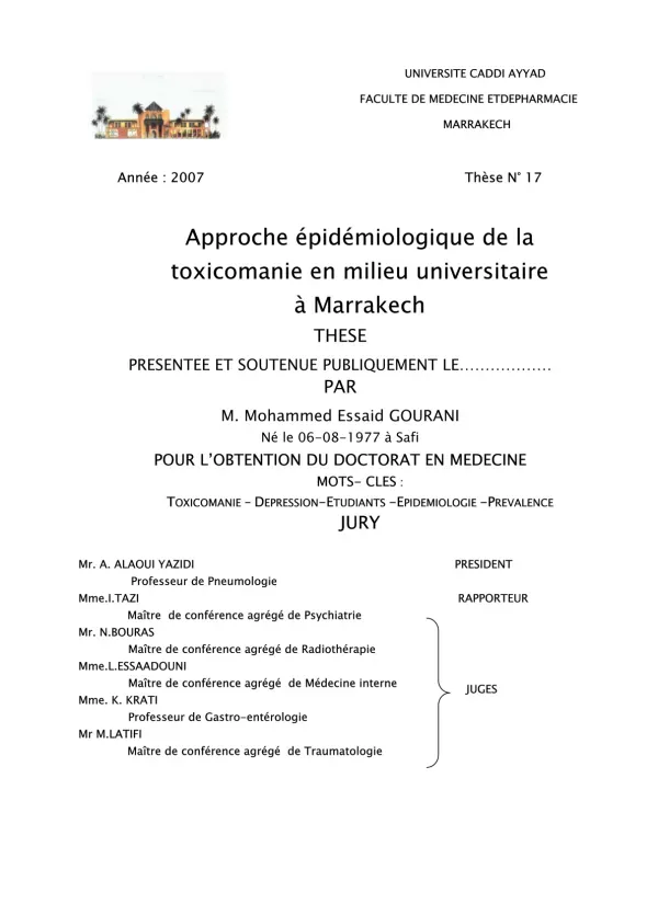 Approche Épidémiologique de la Toxicomanie en Milieu Universitaire à Marrakech
