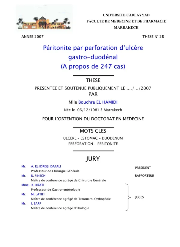 Thèse sur la Péritonite par Perforation d'Ulcère Gastro-Duodénal