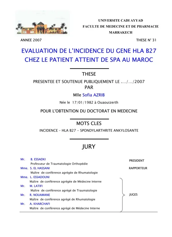 Évaluation de l'incidence du gène HLA B27 chez les patients atteints de spondylarthrite ankylosante au Maroc