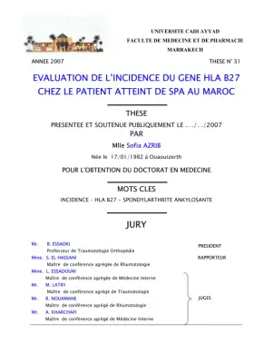Évaluation de l'incidence du gène HLA B27 chez les patients atteints de spondylarthrite ankylosante au Maroc