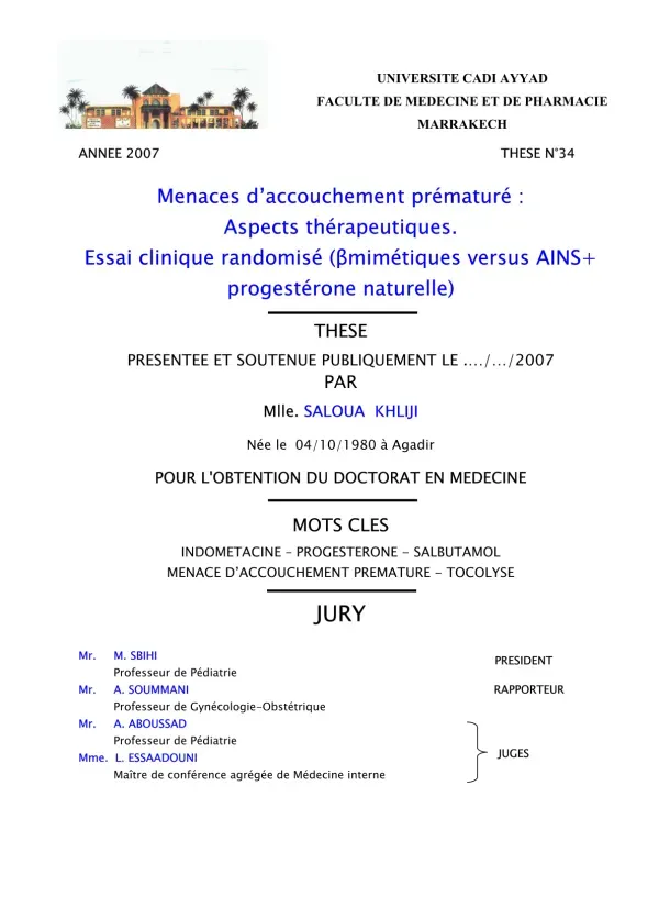 Thèse sur les Menaces d'Accouchement Prématuré et Aspects Thérapeutiques