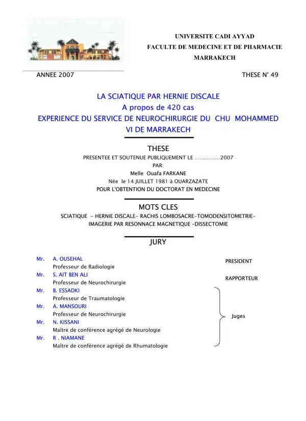 Étude sur la Sciatique due à Hernie Discale au CHU Mohammed VI de Marrakech