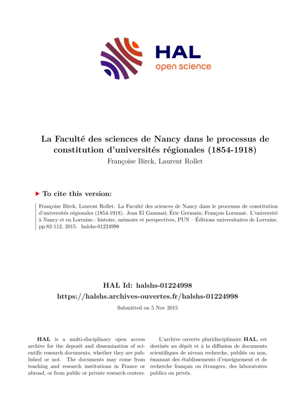 La création de la Faculté des sciences de Nancy (1854-1918) et son impact sur l'enseignement supérieur régional