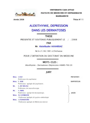 Prévalence de l'Alexithymie et de la Dépression chez les Patients Dermatologiques