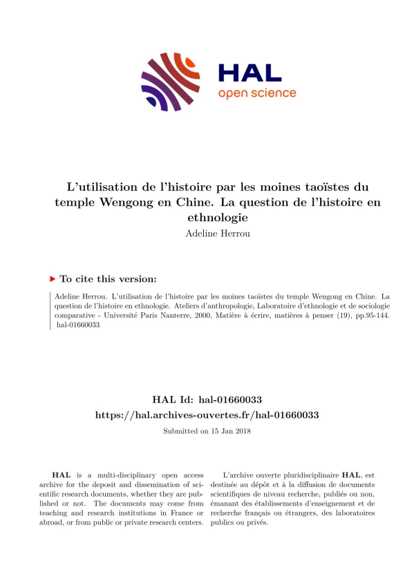L'Utilisation de l'Histoire en Ethnologie: Étude des Moines Taoïstes du Temple Wengong en Chine