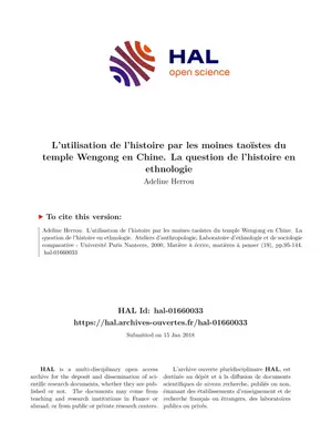 L'Utilisation de l'Histoire en Ethnologie: Étude des Moines Taoïstes du Temple Wengong en Chine