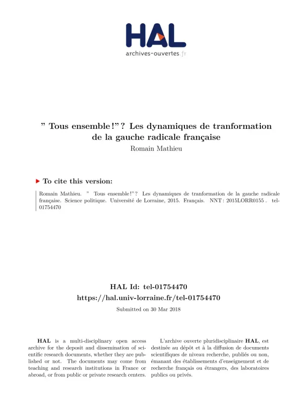 Les dynamiques de transformation de la gauche radicale en France