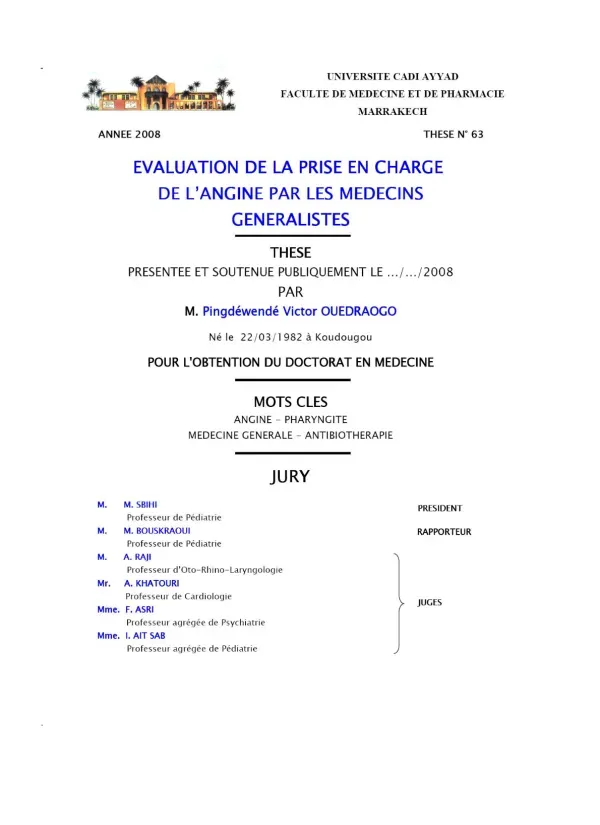 Liste des Professeurs et Étude sur l'Angine