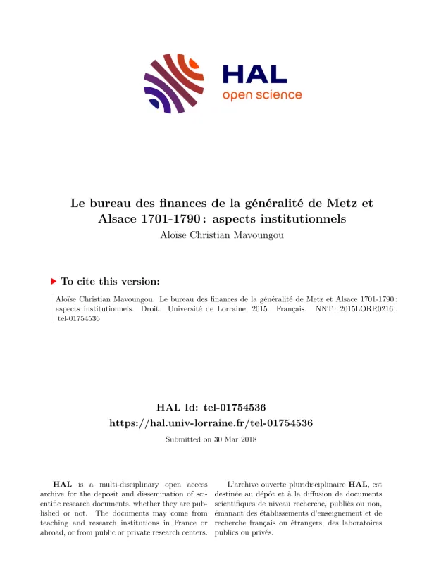 Le Bureau des Finances de la Généralité de Metz et Alsace (1701-1790) : Aspects Institutionnels