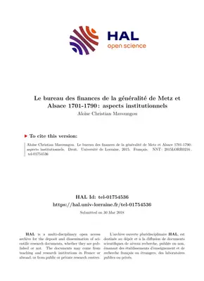 Le Bureau des Finances de la Généralité de Metz et Alsace (1701-1790) : Aspects Institutionnels