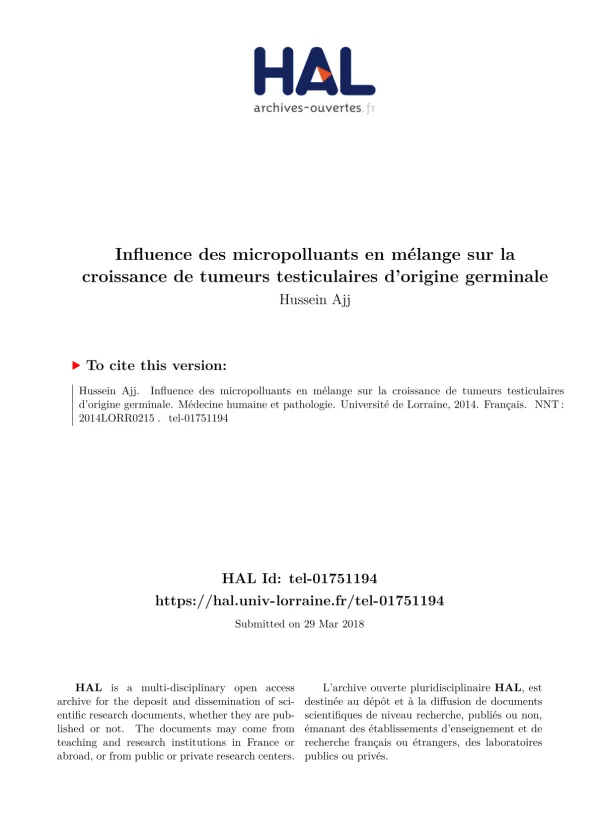 Influence des Micropolluants sur la Croissance des Tumeurs Testiculaires