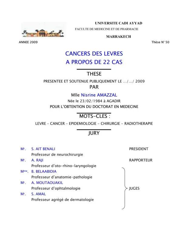 Thèse sur les Cancers des Lèvres
