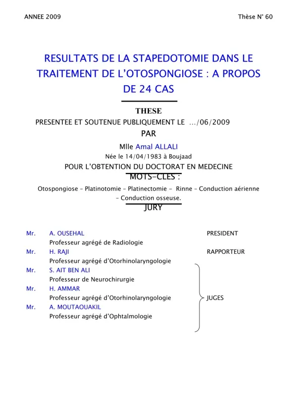 Résultats de la Stapedotomie dans le Traitement de l'Otosponge