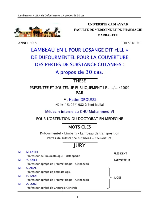 Thèse sur le Lambeau de Dufourmentel pour la Couverture des Pertes de Substance Cutanées