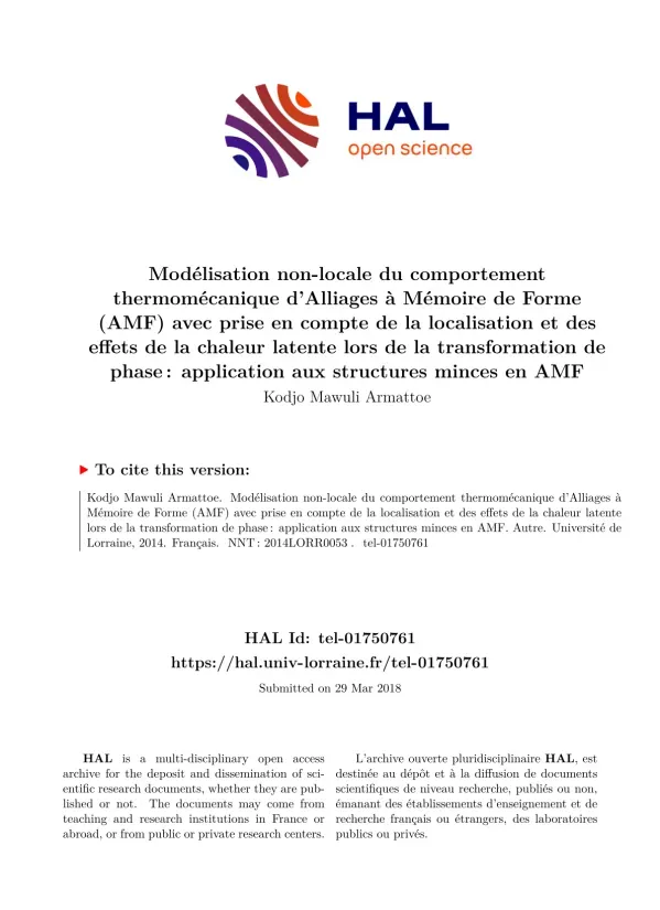 Modélisation thermomécanique des Alliages à Mémoire de Forme