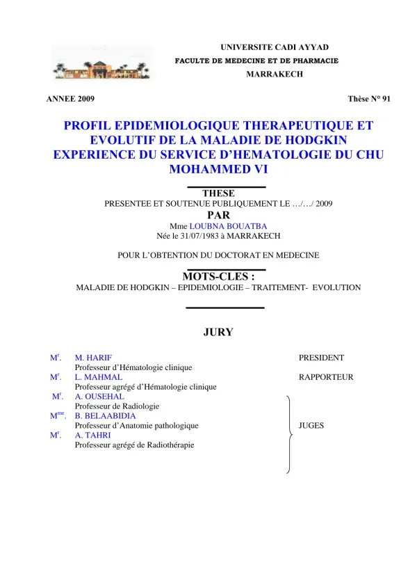 Profil Épidémiologique et Thérapeutique de la Maladie de Hodgkin
