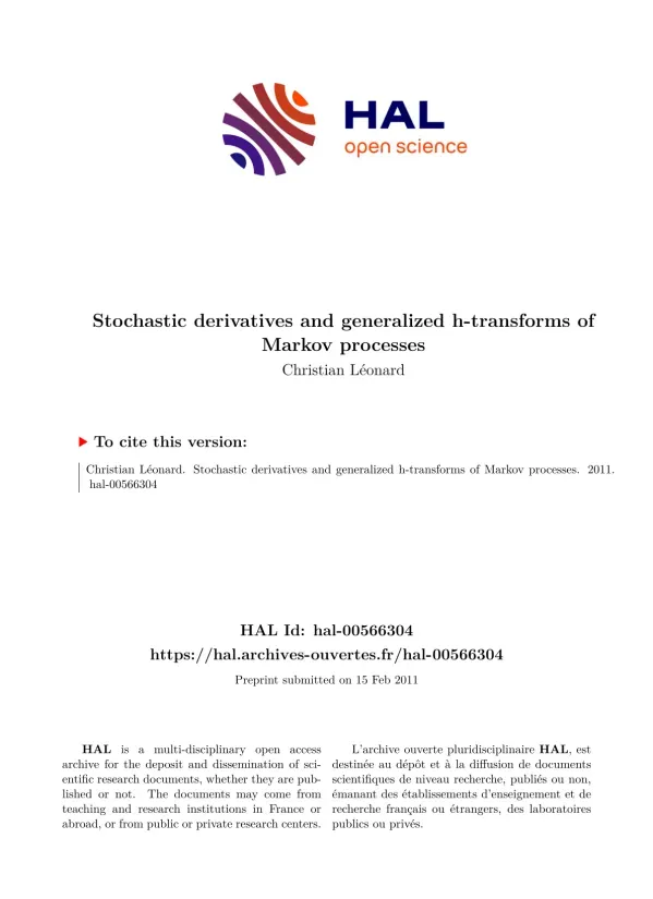Dérivées Stochastiques et h-Transforms Généralisés des Processus de Markov