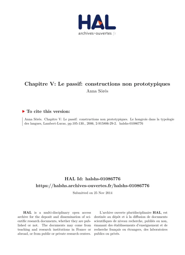 Analyse des constructions passives non prototypiques en hongrois