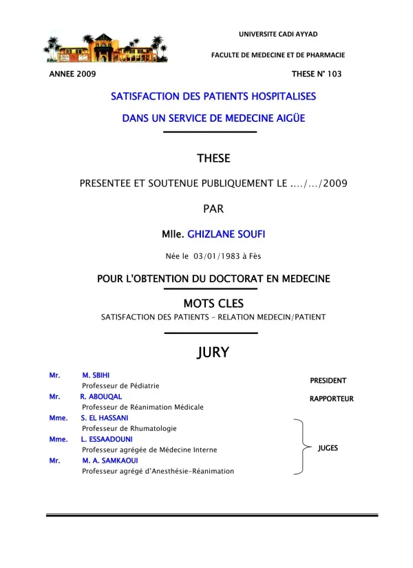 Satisfaction des Patients Hospitalisés dans un Service de Médecine Aiguë