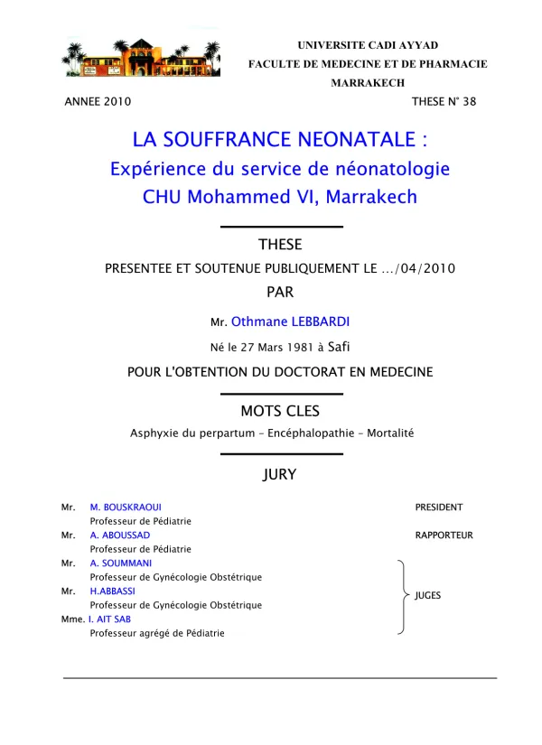 Thèse sur la Souffrance Néonatale au CHU Mohammed VI de Marrakech