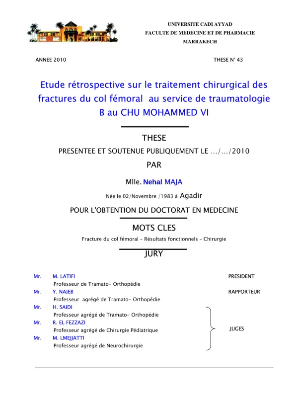 Étude Rétrospective sur le Traitement Chirurgical des Fractures du Col Fémoral