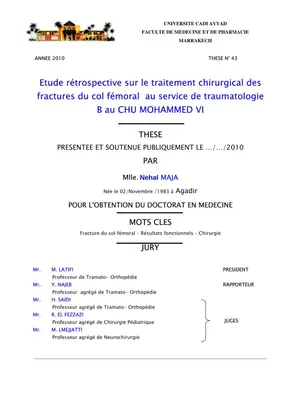 Étude Rétrospective sur le Traitement Chirurgical des Fractures du Col Fémoral
