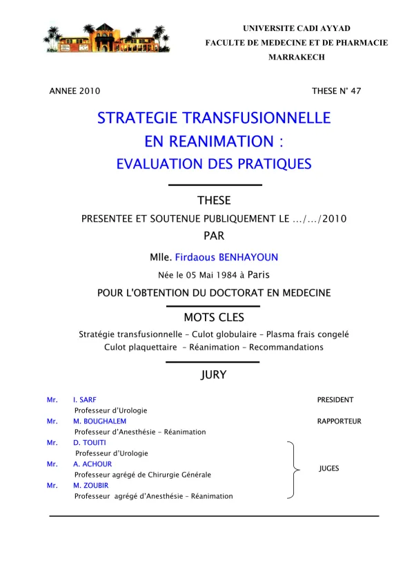 Évaluation des Pratiques de Stratégie Transfusionnelle en Réanimation