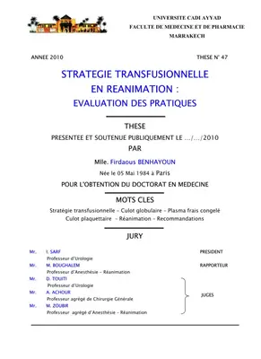 Évaluation des Pratiques de Stratégie Transfusionnelle en Réanimation