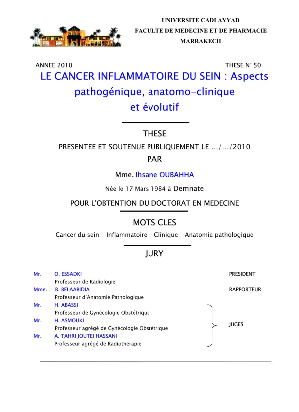 Thèse sur le Cancer Inflammatoire du Sein : Aspects Pathogéniques et Évolutifs