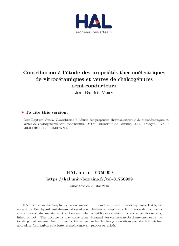 Étude des Propriétés Thermoélectriques des Vitrocéramiques et Verres de Chalcogénures