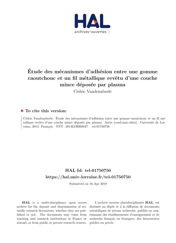 Étude des Mécanismes d'Adhésion entre Gomme Caoutchouc et Fil Métallique