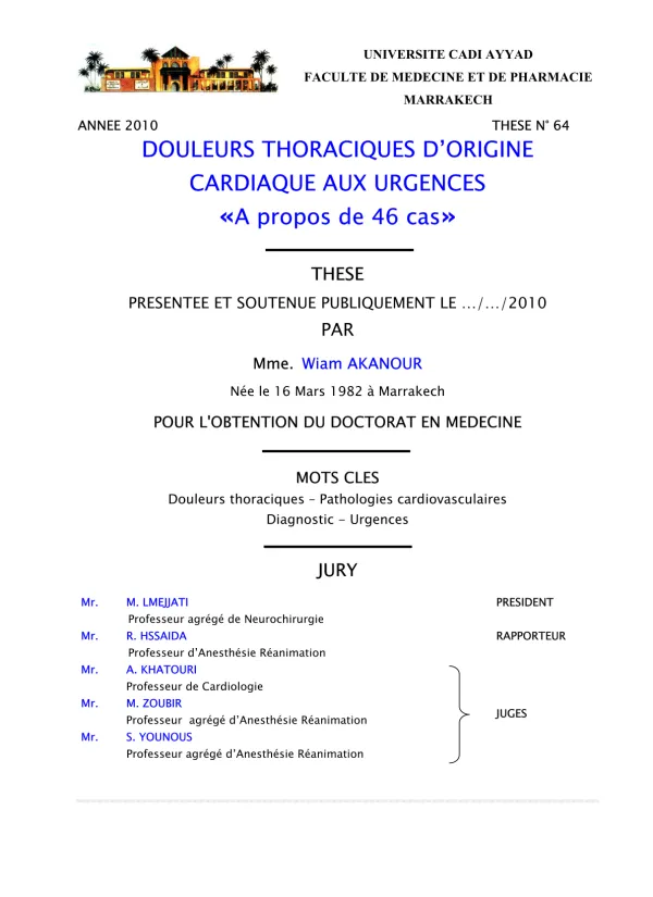 Thèse sur les Douleurs Thoraciques d'Origine Cardiaque aux Urgences
