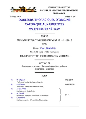 Thèse sur les Douleurs Thoraciques d'Origine Cardiaque aux Urgences