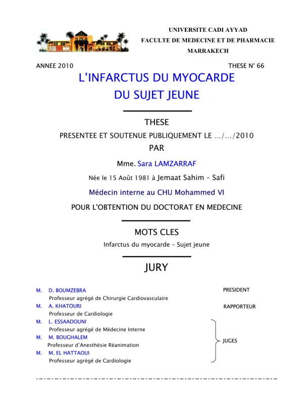 L'Infarctus du Myocarde du Sujet Jeune