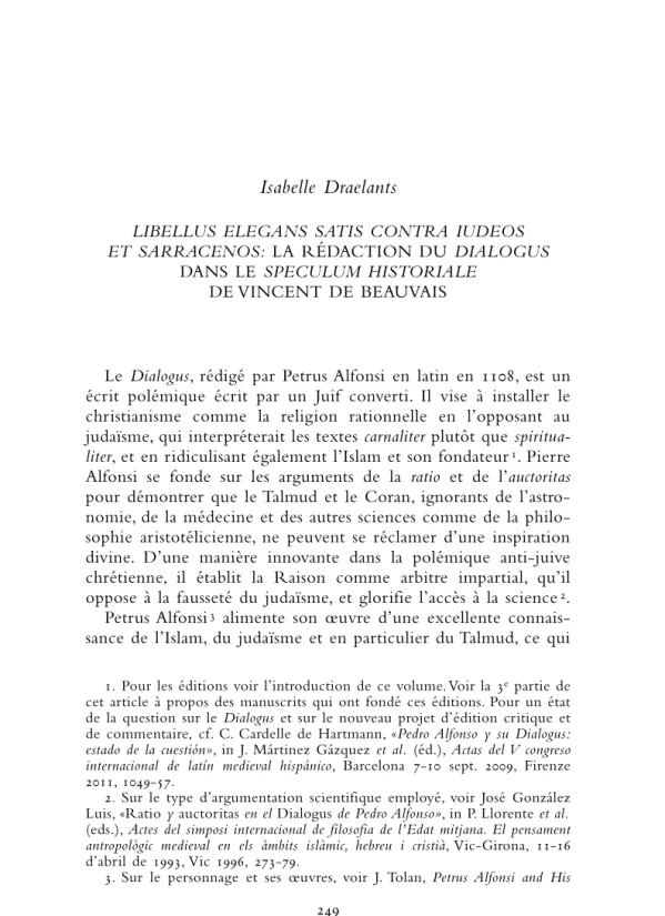 Analyse du Dialogus de Petrus Alfonsi dans le Speculum Historiale