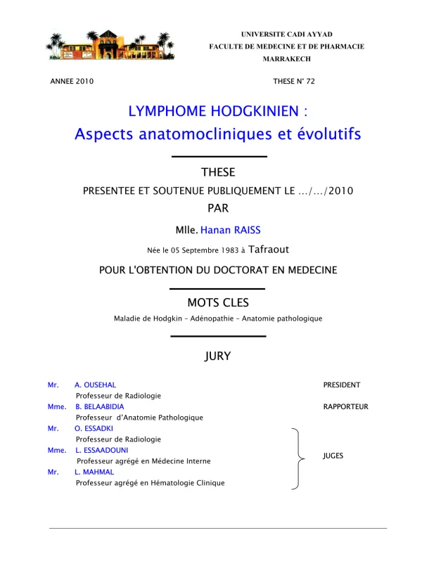 Thèse sur le Lymphome de Hodgkin : Aspects Anatomocliniques et Évolutifs