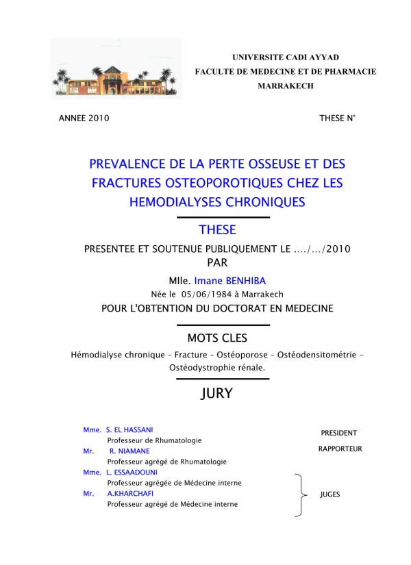 Thèse sur la Prévalence de la Perte Osseuse et des Fractures Ostéoporotiques chez les Hémodialysés Chroniques