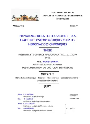 Thèse sur la Prévalence de la Perte Osseuse et des Fractures Ostéoporotiques chez les Hémodialysés Chroniques