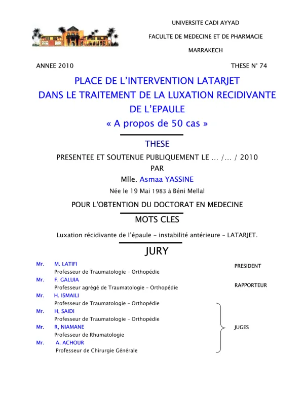 Thèse sur l'Intervention Latarjet dans le Traitement de la Luxation Récidivante de l'Épaule