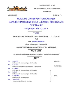Thèse sur l'Intervention Latarjet dans le Traitement de la Luxation Récidivante de l'Épaule