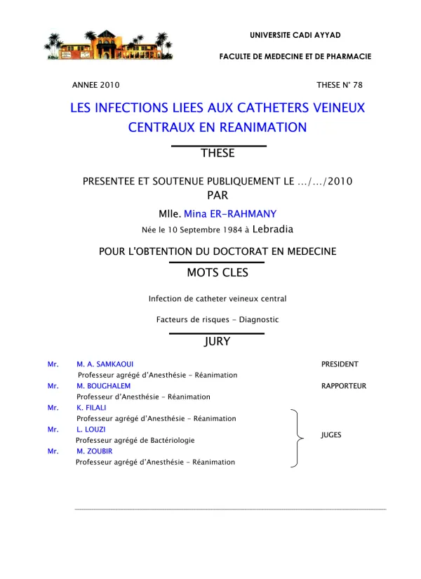 Thèse sur les infections liées aux cathéters veineux centraux en réanimation