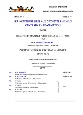 Thèse sur les infections liées aux cathéters veineux centraux en réanimation