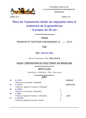 Place de l'Ostéotomie Tibiale de Valgisation dans le Traitement de la Gonarthrose