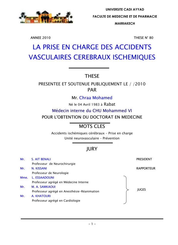 Prise en charge des accidents vasculaires cérébraux ischémiques : Étude de 352 cas