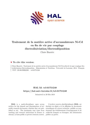 Traitement des Accumulateurs Ni-Cd en Fin de Vie par Électrolixiviation et Électrodéposition