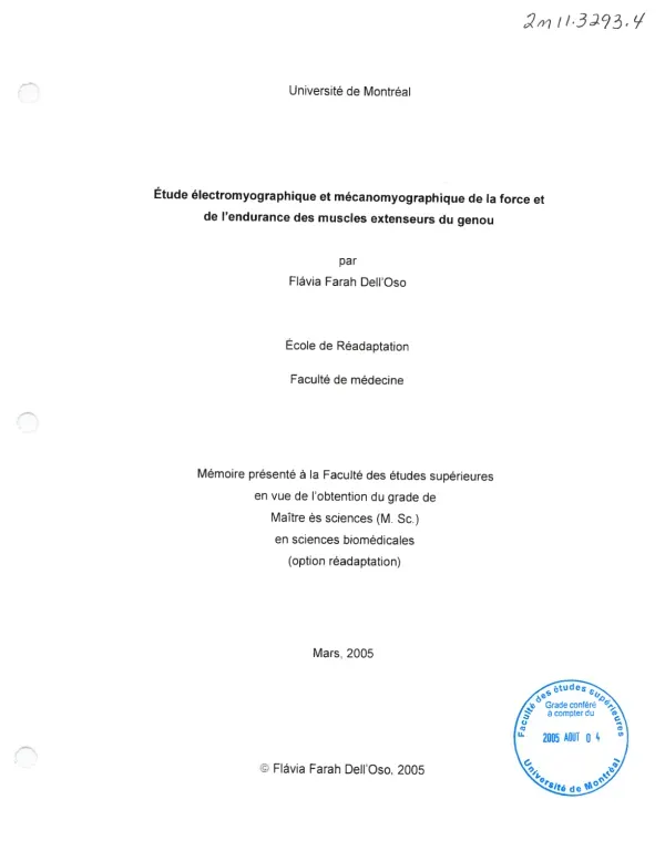 Étude électromyographique et mécanomyographique de la force et de l'endurance des muscles extenseurs du genou