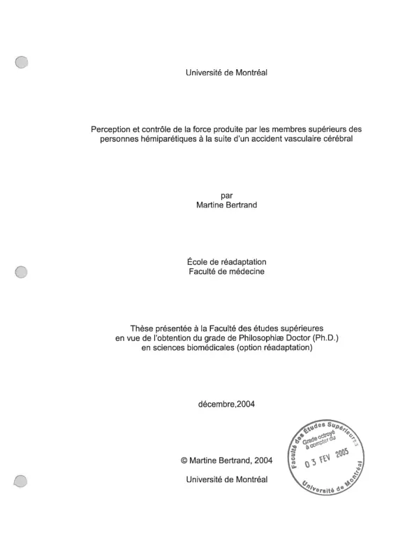 Perception et contrôle de la force par les membres supérieurs des personnes hémiparétiques à la suite d'un accident vasculaire cérébral