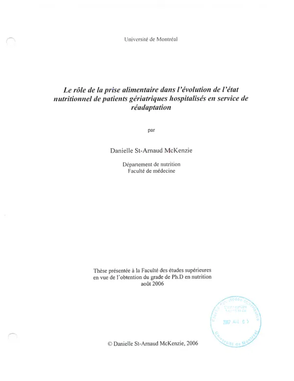Le rôle de la prise alimentaire dans l'évolution de l'état nutritionnel de patients gériatriques hospitalisés en service de réadaptation